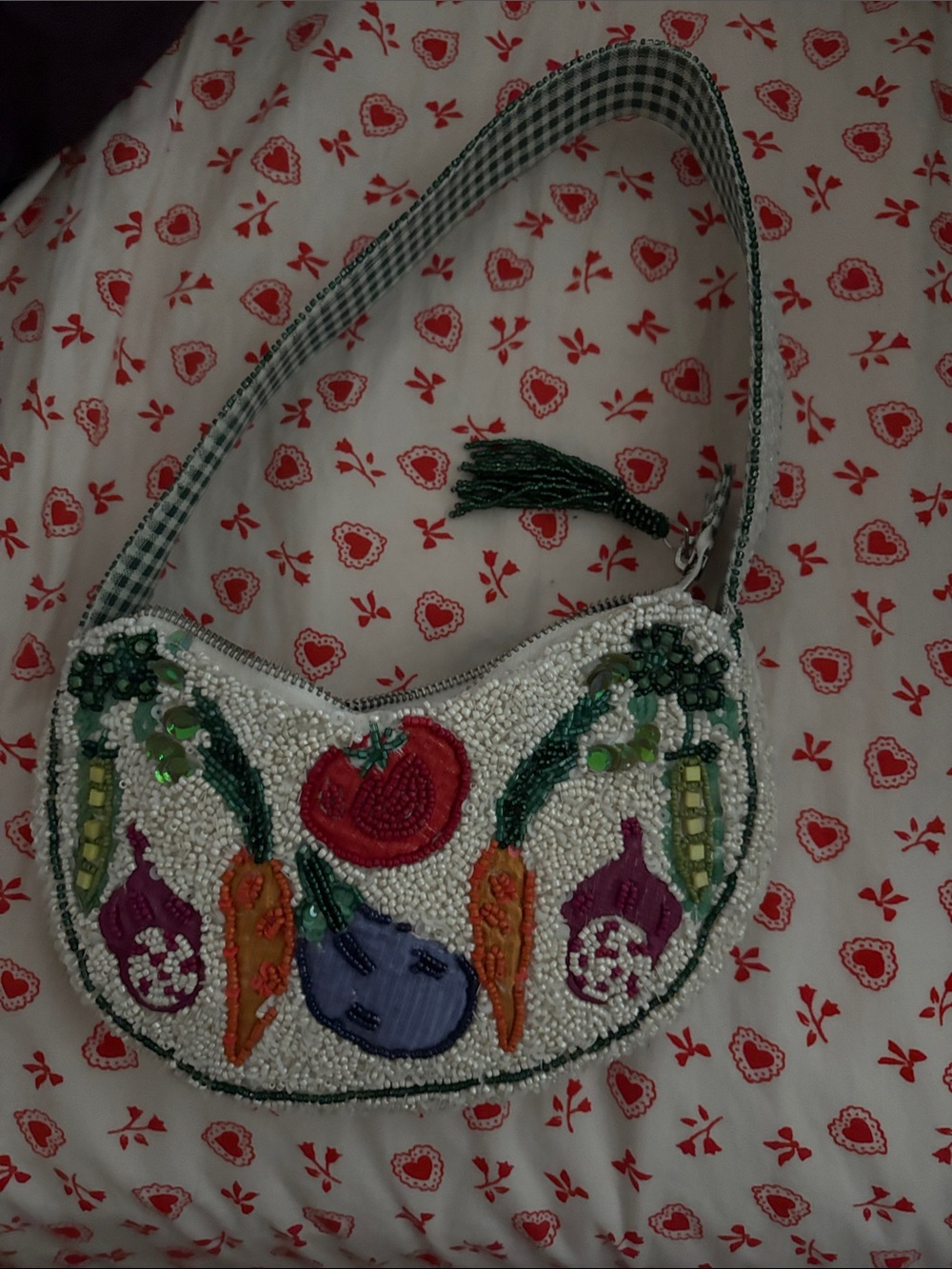 Beaded Vegetable Embroidered Shoulder Bag in White and Green